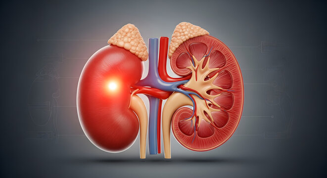 Sectioned human kidney alongside a complete kidney with adrenal glands showing detailed internal and external views
