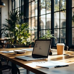 Fototapeta premium Modern workspace with laptop, coffee cup, and plants by a large window