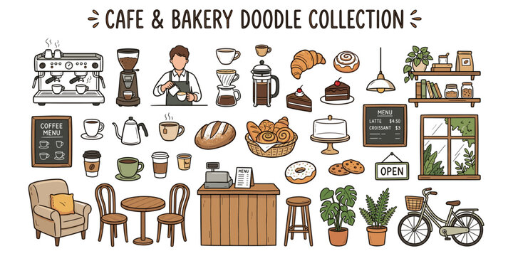 Cafe bakery doodle collection. Doodle collection of cafe and bakery items, featuring coffee machine, barista, pastries, cakes, and cafe interior elements. Vector illustration.