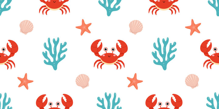 Cute seamless pattern with crab, coral, starfish and shells. Marine summer background for children's nautical decor and ocean themed design. Flat vector illustration.