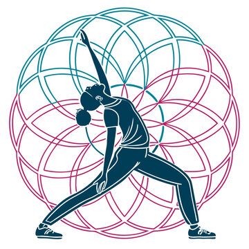 Woman practicing yoga, spiritual geometric background.