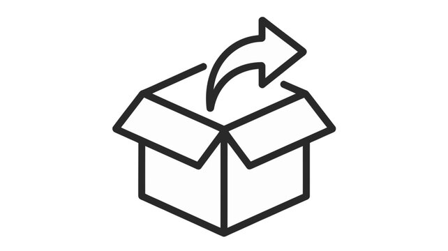 Simple black line icon of open cardboard box with arrow