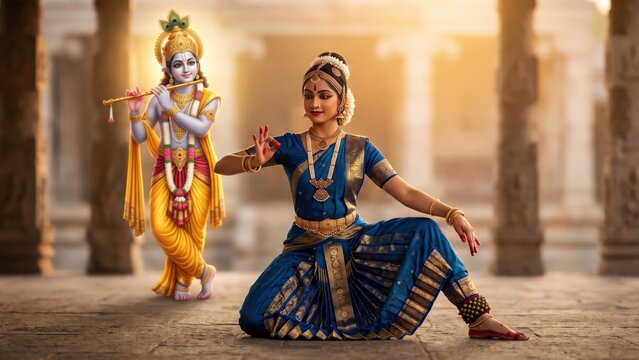 Indian Classical Dance with Krishna Spiritual Aura Scene