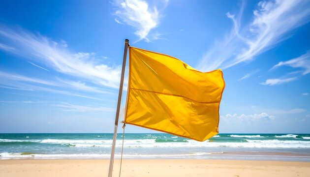 Yellow warning flag on a sunny beach, waves and blue sky