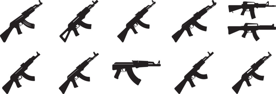 A Set of 10 assault rifle silhouette vector, black and white silhouette vector illustration