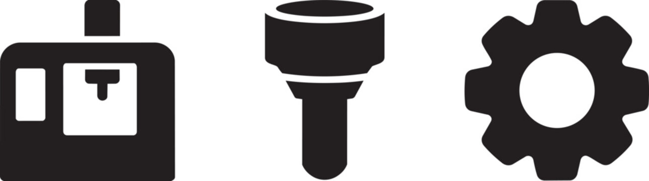 Industrial icons set coffee machine paint roller cog gear solid black glyph style for web app ui