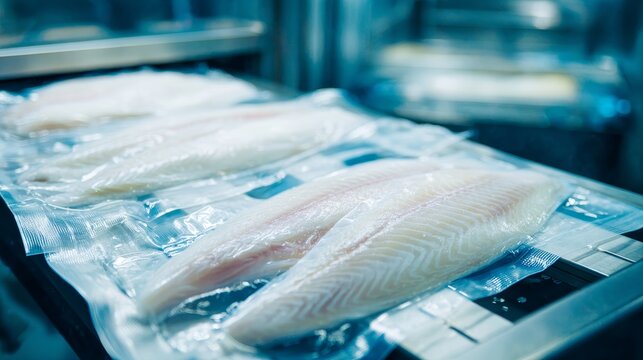Fresh fish fillets being vacuum-packed in transparent plastic for preservation and quality control in food processing.