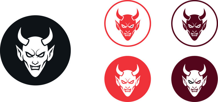 Devil face logo collection featuring horned demon head icons in circular badges with bold evil expressions for dark and horror branding