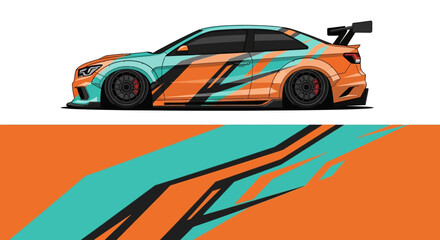 Fototapeta premium Vibrant orange and teal race car with bold graphic livery speeding on a track.