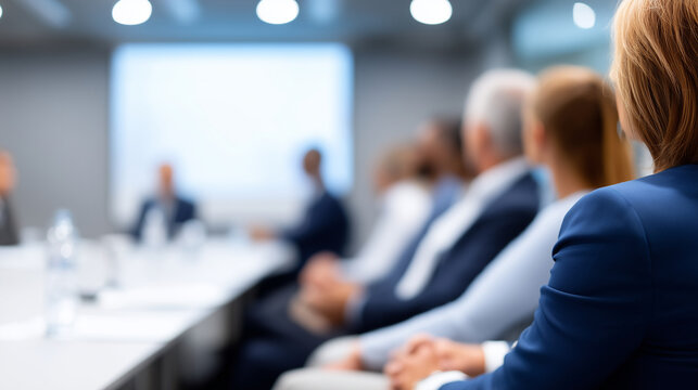 business meeting with blurred people and blank presentation screen, shallow depth of field, corporate photography