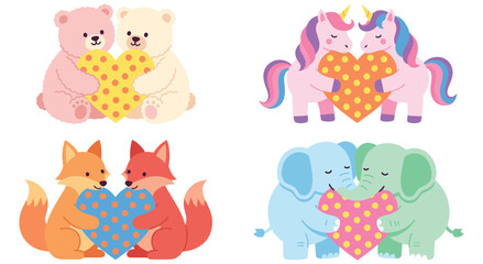 Fototapeta premium Adorable illustrations featuring bear unicorn fox and elephant characters embracing patterned hearts. Lovely set of vector stickers perfect for romantic greeting cards posters and love themes.