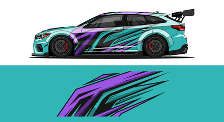 Fototapeta premium Colorful teal and purple racecar side view with dynamic graphics and winged detailing.