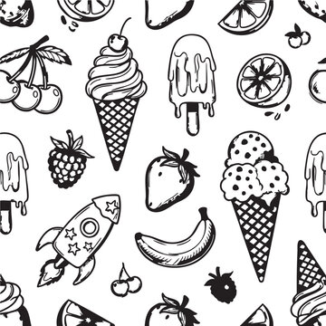 Ice Cream Seamless Pattern Pack &ndash; 5 Black White Doodle Dessert Fruit Vectors for Summer Design, Fabric & Print