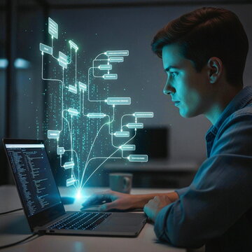 Young man coding on laptop with holographic flowchart and data streams representing software development.