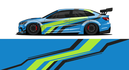 Blue racecar with green and yellow stripes speeding along track. © AhzaArdiansyah