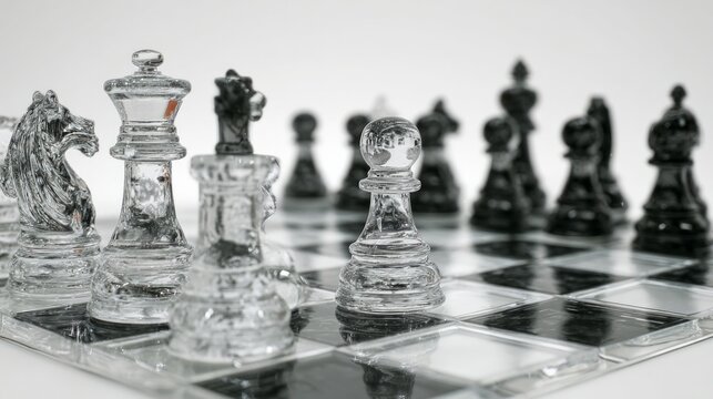 Glass chess pieces gleam on checkered board