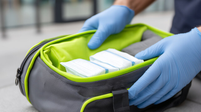 Gloved hands packing a portable emergency first aid kit with antiseptic wipes and bandages, focus on the items inside the bag, travel safety, outdoor preparation, lifestyle
