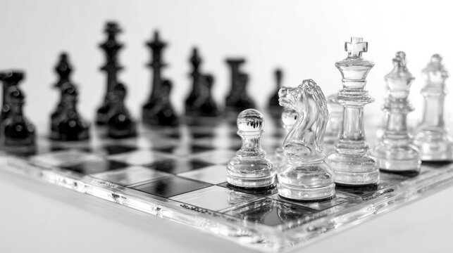 Clear chess pieces rest on a glass board