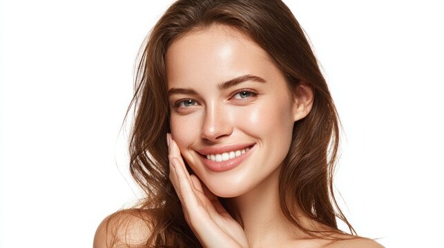 Radiant woman smiles gently, hand resting softly on cheek