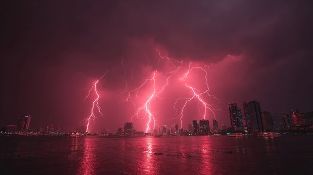 Fiery red lightning illuminates a dark rain-swept city skyline over a shimmering body of water, showcasing a dramatic natural phenomenon.