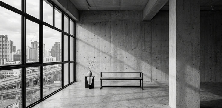 Minimalist Industrial Loft with Exposed Concrete Walls, Metal Bench, and a Dramatic Cityscape View in Black and White