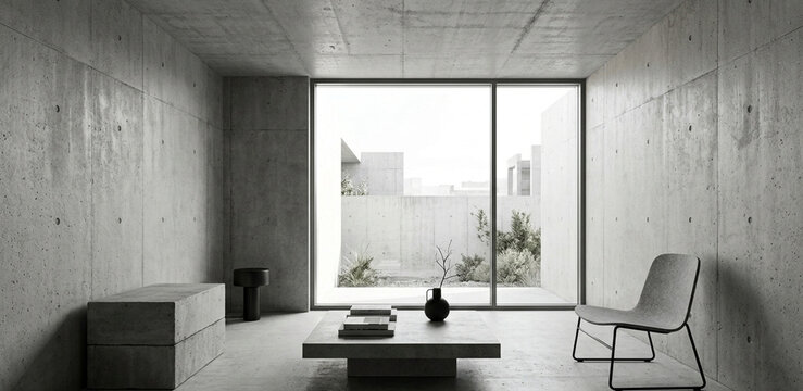 Brutalist Living Room Featuring Concrete Blocks, a Low-Profile Sofa, and Large Windows Opening to Tropical Greenery