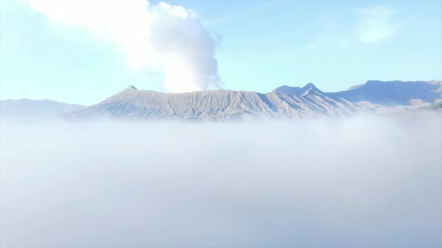Stunning 4K wide shot of Mount Bromo volcano erupting smoke above a thick sea of clouds at dawn.