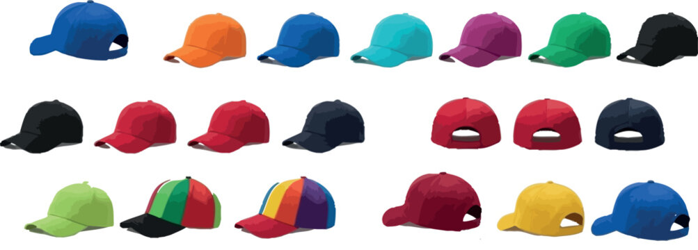 Baseball cap collection with front and back views colorful snapback hats set isolated realistic vector illustration for fashion branding