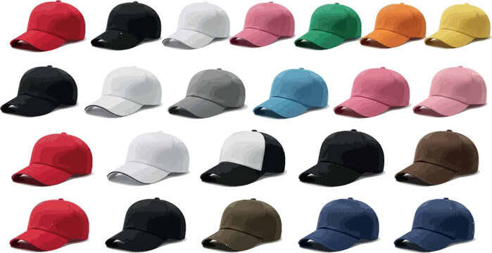Baseball caps collection in various colors realistic mockup set with blank hat templates isolated on white background vector illustration