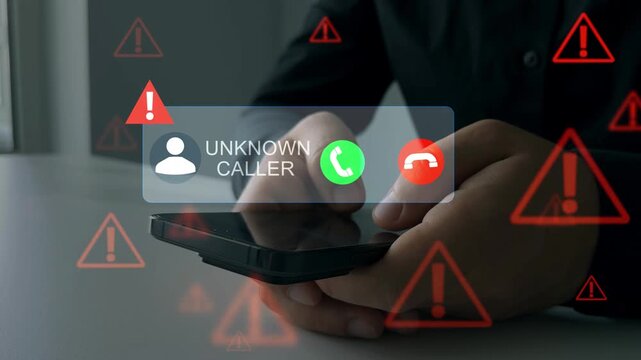 Scam call alert concept showing a suspicious incoming call on smartphone.Unknown Caller fraud risk and warning message highlight phishing, identity theft and the need for caution and digital security.