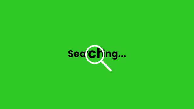 Magnifying glass icon with searching text animation isolated on green background