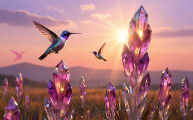 Obraz premium Hummingbirds soar above glowing purple crystals at sunset in a