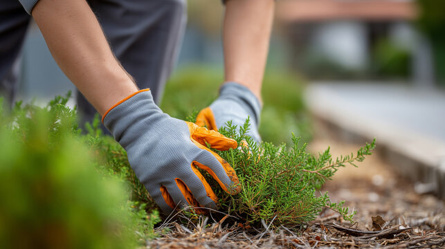 Close-up of faceless hands in gloves clearing dry brush and vegetation near a high-end infinity pool, creating a defensible space, blurred luxury house in Western Europe background