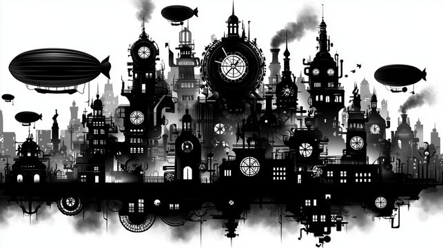 Silhouette noire d'un horizon urbain r&eacute;trofuturiste : clochers, conduits de vapeur et dirigeables. Design industriel &agrave; vapeur, &eacute;pur&eacute; et isol&eacute; sur fond blanc