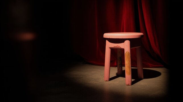 Single pink stool bathed in spotlight against velvet curtain