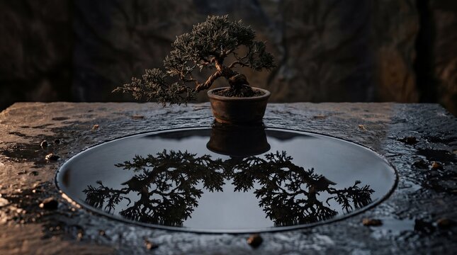 A small bonsai tree sits on a reflective surface with its mirror image visible below on a textured stone surface