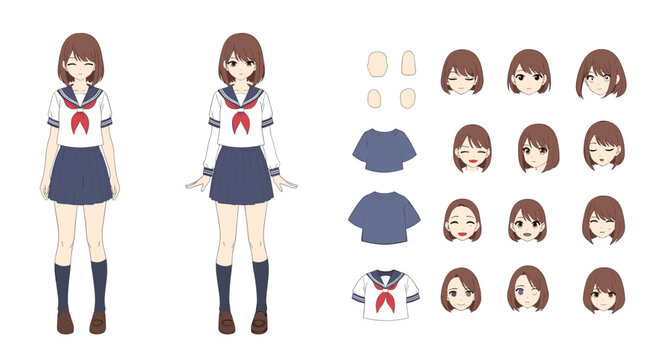 Anime girl character sheet featuring a student in school uniform with various facial expressions and clothing options.