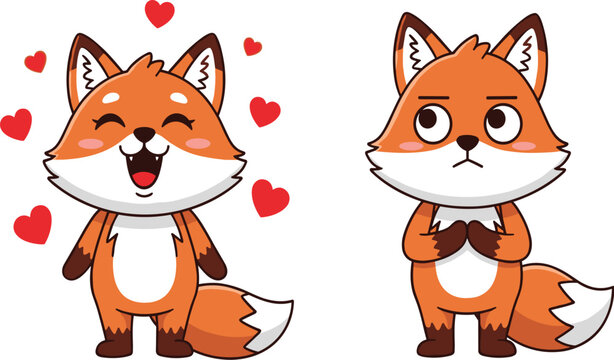 Cute cartoon fox characters set showing happy loving expression with hearts and shy adorable emotion isolated vector illustration