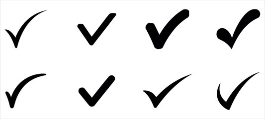 Fototapeta premium A collection of eight unique black check mark icons isolated on a clean white background design.