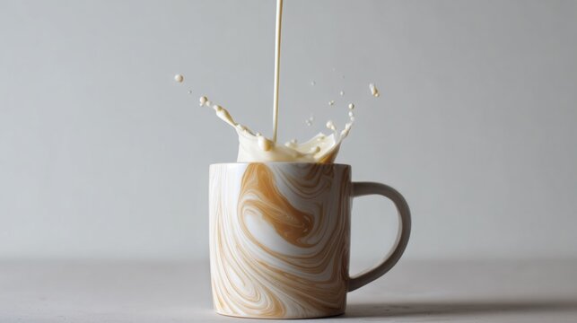 Creamy liquid splashes into a swirling ceramic mug