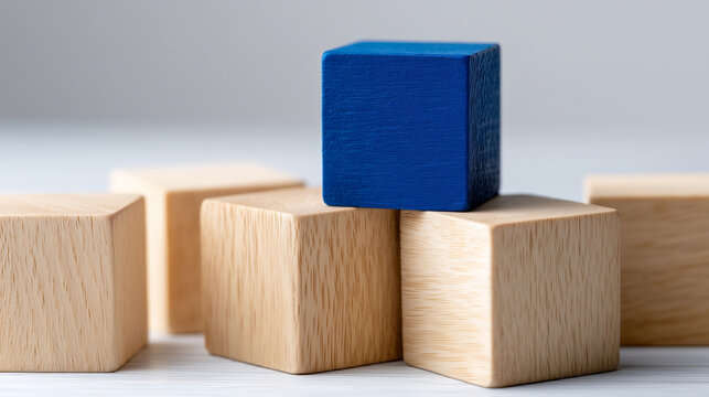 Social network concept with wooden cubes and one blue standout block, symbolizing leadership, individuality, and team structure