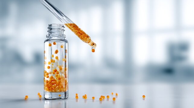 Glass dropper releases golden spheres into clear vial