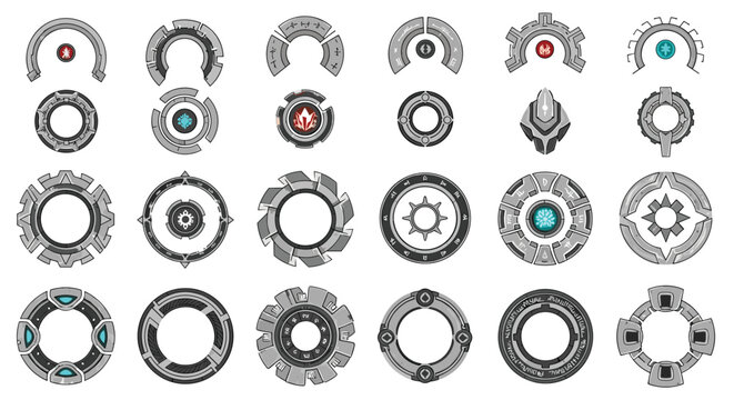 Futuristic user interface elements and technological circular symbols designed for digital HUD displays and modern tech designs.