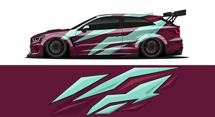 Obraz premium High speed teal and aqua racing car with bold geometric livery and aerodynamic design.