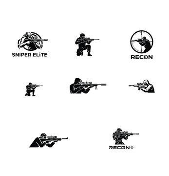 Sniper gamer silhouette logo style with focused aiming pose and tactical character composition for shooting game branding and esports visuals