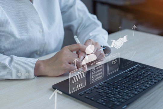 Business user managing supplier onboarding and procurement approval on laptop with digital document workflow and partnership icons.