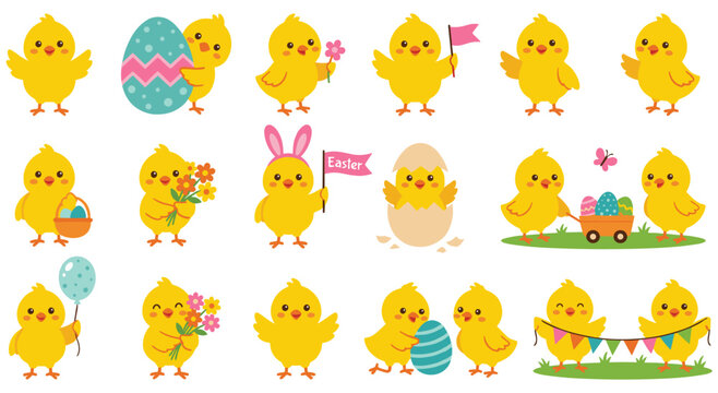 Collection of adorable Easter chicks celebrating the holiday. Chicks with eggs, flowers, bunny ears, and banners. Festive and cheerful spring theme.