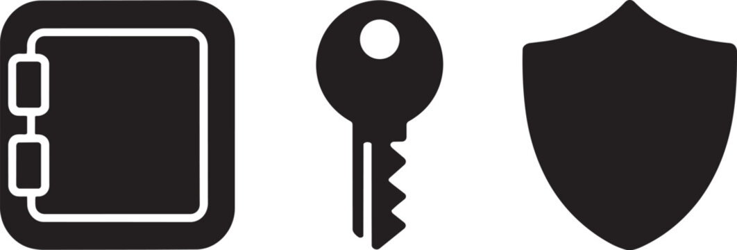 Security elements icons set featuring safe box key and shield for data protection safety and ui