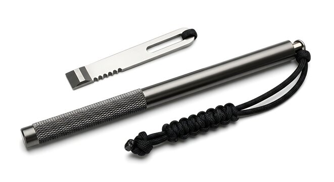 Tactical titanium pen with metal clip and black paracord lanyard isolated on white background for EDC gear enthusiasts and self defense equipment photography studio shot