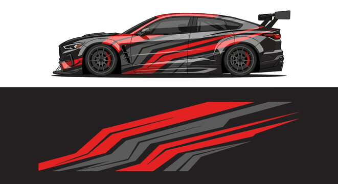 Sleek red and black race car with bold graphic stripes and aerodynamic design on a dark background.